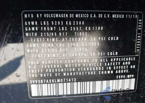 2020 Volkswagen Tiguan 2.0T Se/2.0T Se R-Line Black/2.0T Sel из США, поврежденный, VIN 3VV3B7AX6LM071413